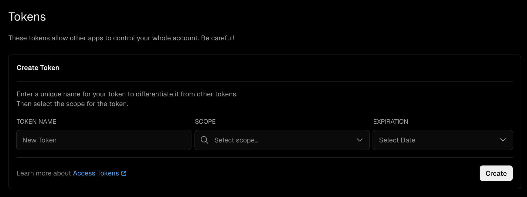 Vercel account token creation form