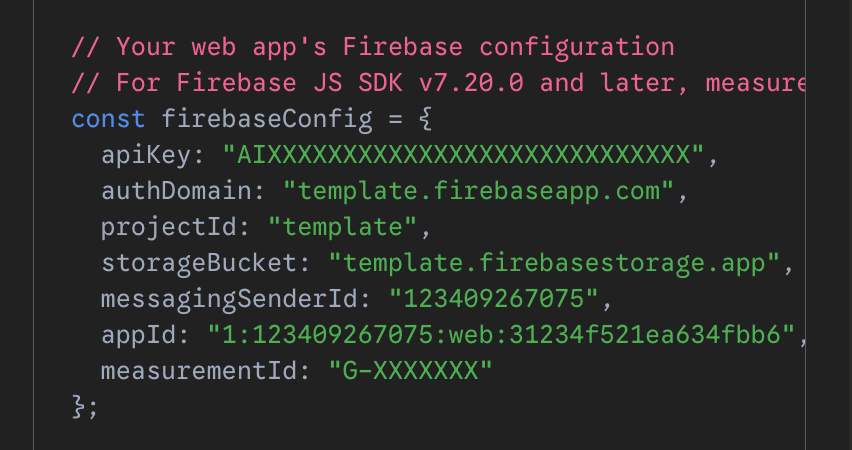 Firebase web app config block
