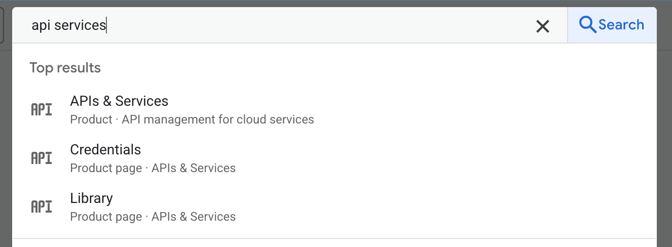 Google Cloud search for APIs and services