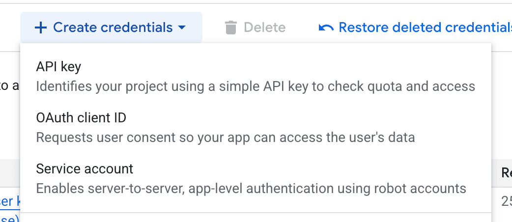 Google Cloud create credentials menu