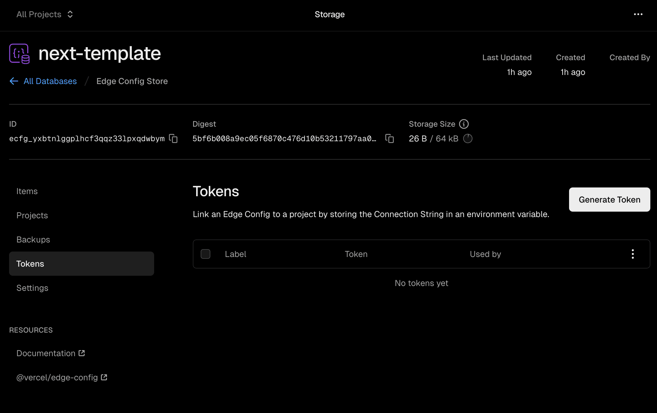 Edge Config details page with store ID and tokens menu